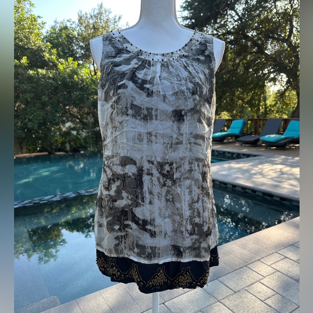 Da-Nang Black and Cream Tunic with Beaded Hem